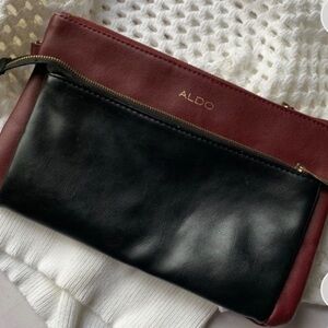 Aldo burgundy & black contrast vegan leather double zip clutch bag gold hardware
